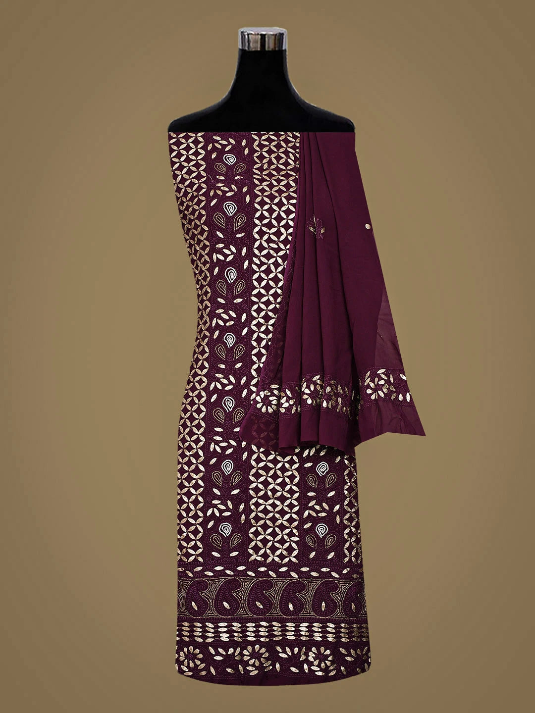 Ada Hand Embroidered Wine Viscose Georgette Lucknowi Chikankari Unstitched Kurta Dupatta Set With Zari Work 01A934091