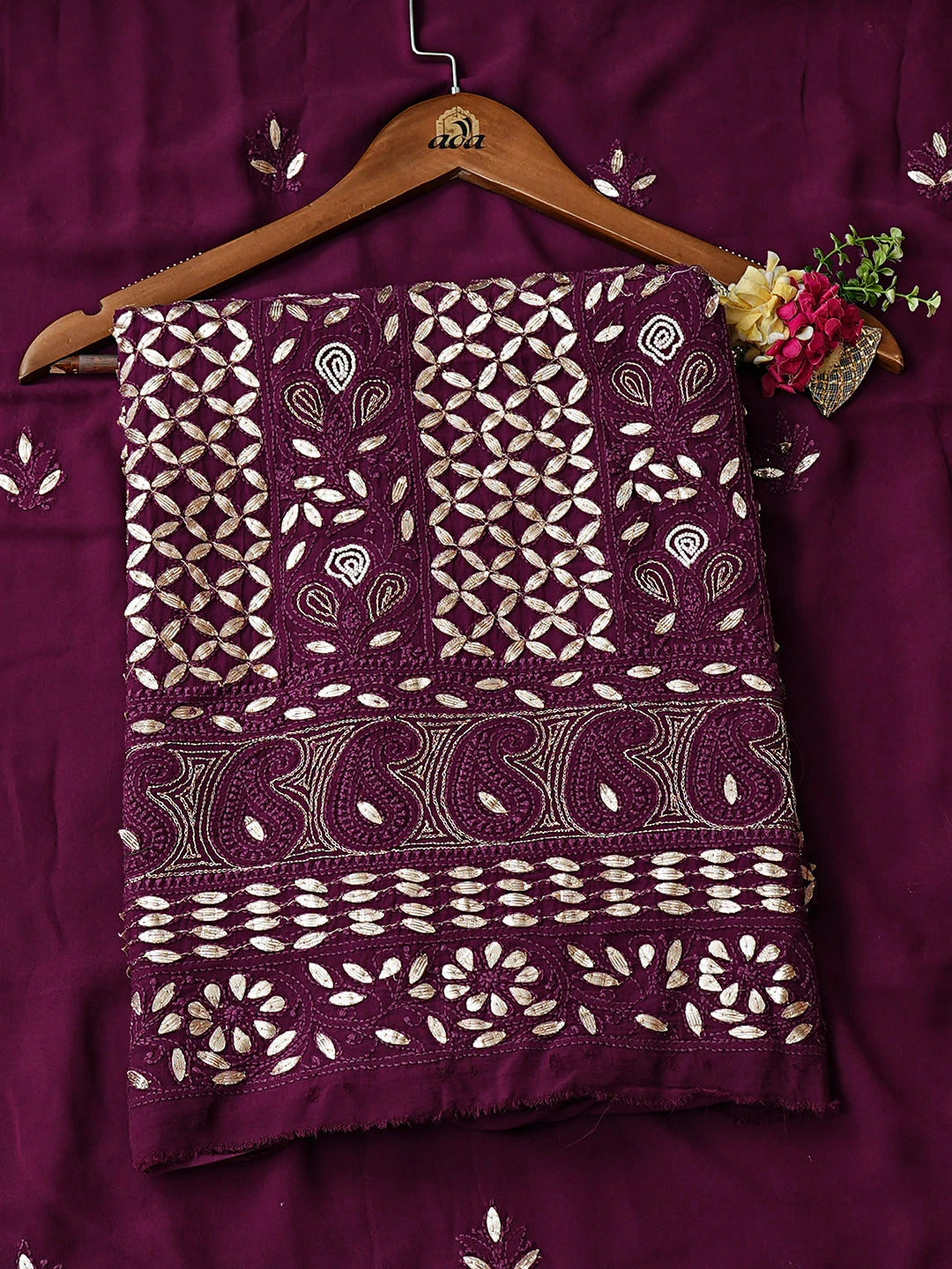 Ada Hand Embroidered Wine Viscose Georgette Lucknowi Chikankari Unstitched Kurta Dupatta Set With Zari Work 01A934091