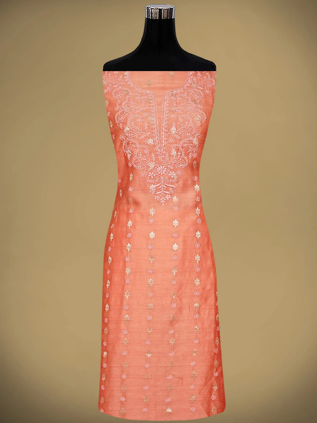 Ada Hand Embroidered Peach Orange Chanderi Lucknowi Chikankari Unstitched Kurta Dupatta Set 01A919397