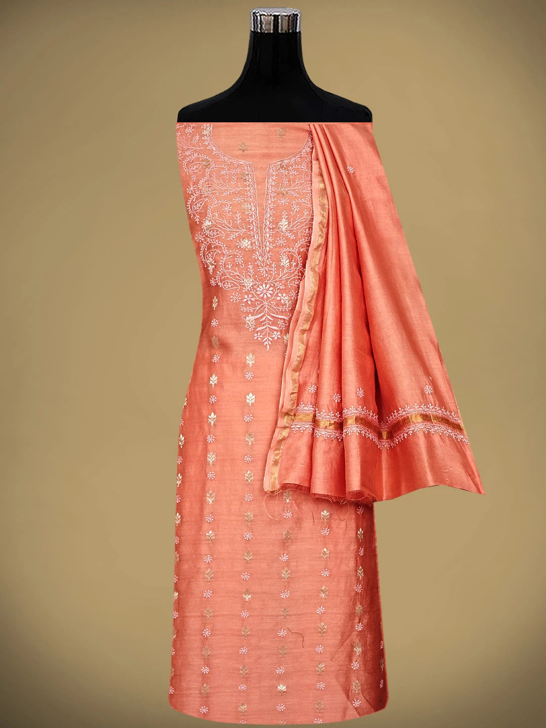 Ada Hand Embroidered Peach Orange Chanderi Lucknowi Chikankari Unstitched Kurta Dupatta Set 01A919397