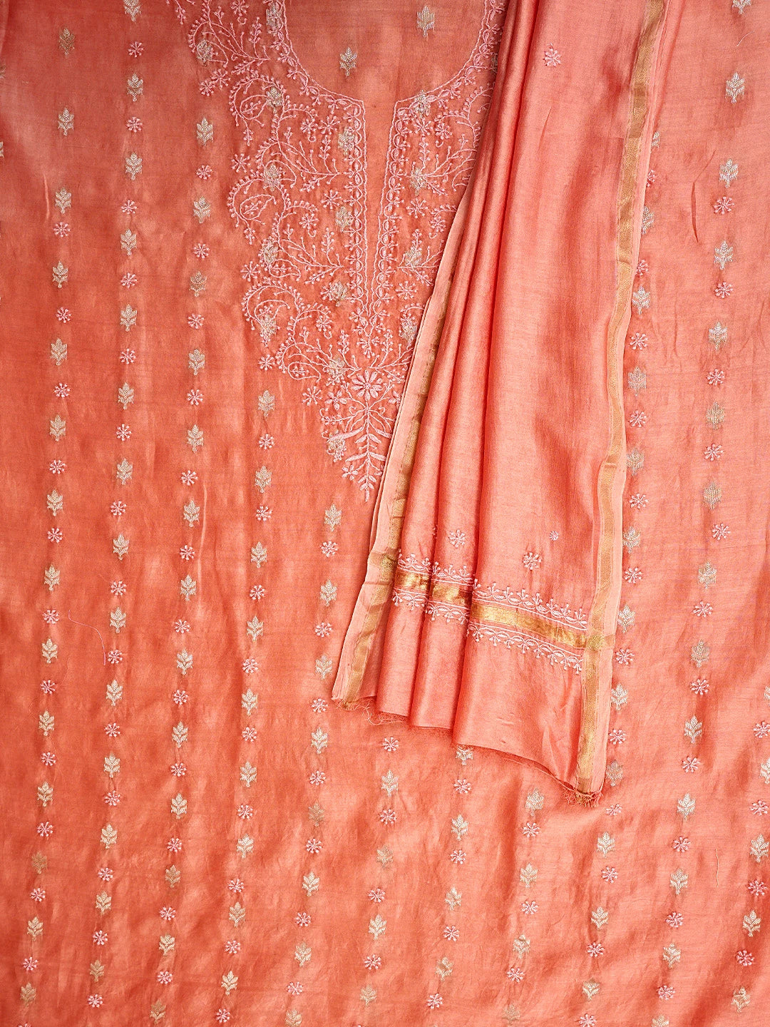Ada Hand Embroidered Peach Orange Chanderi Lucknowi Chikankari Unstitched Kurta Dupatta Set 01A919397