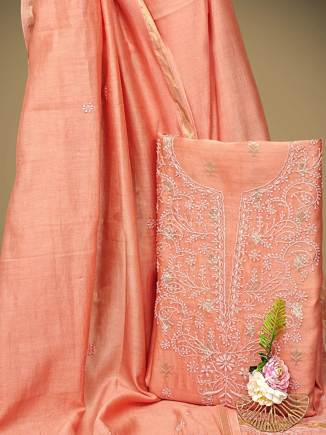 Ada Hand Embroidered Peach Orange Chanderi Lucknowi Chikankari Unstitched Kurta Dupatta Set 01A919397
