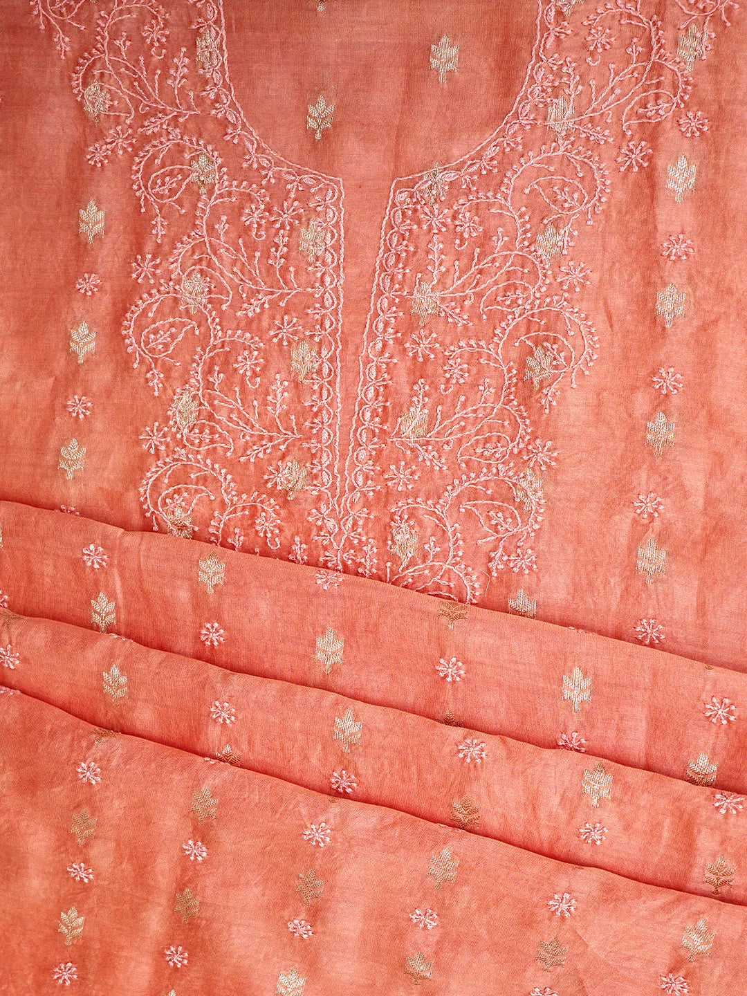 Ada Hand Embroidered Peach Orange Chanderi Lucknowi Chikankari Unstitched Kurta Dupatta Set 01A919397