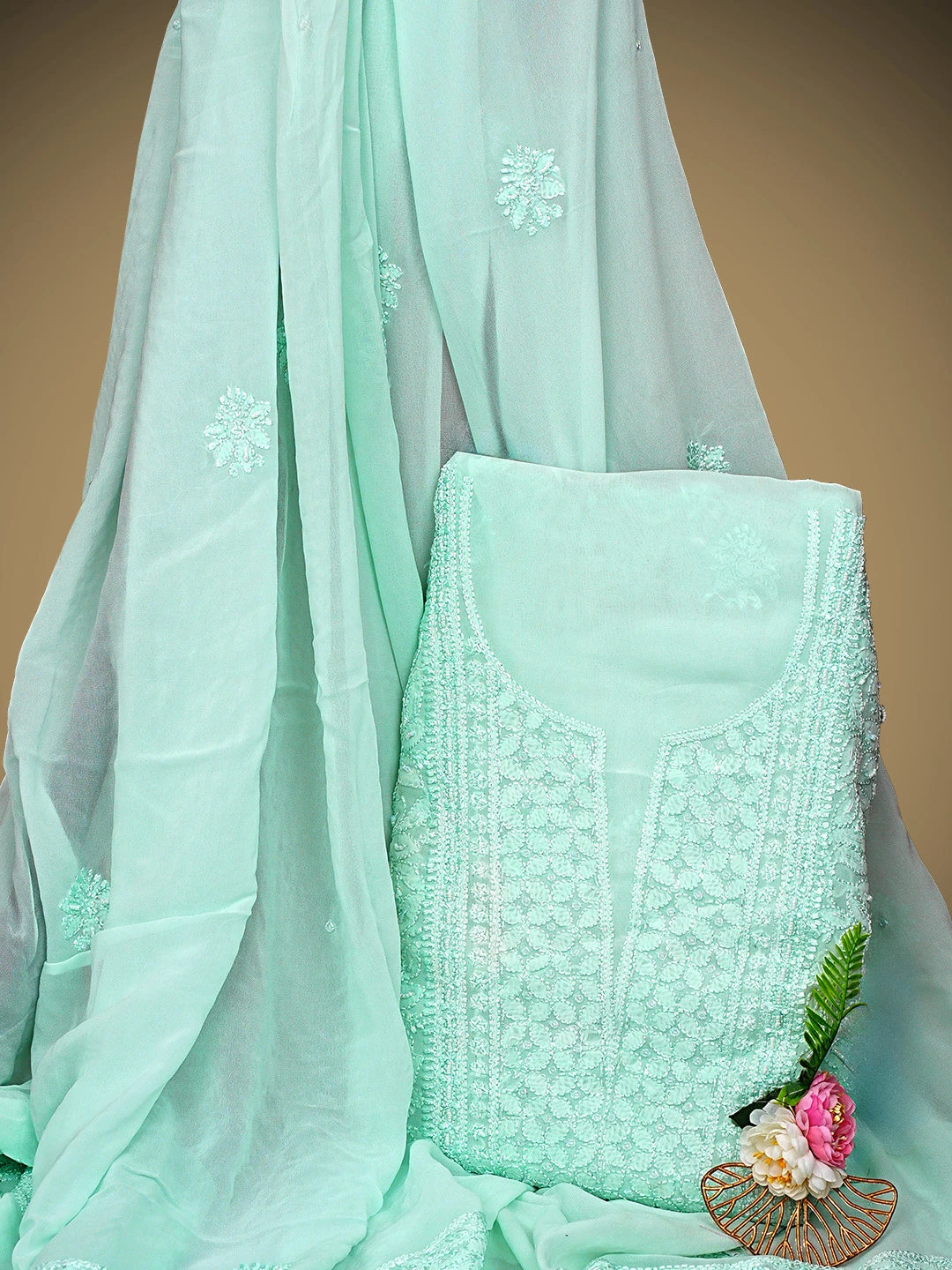 Ada Hand Embroidered Celadon Green Viscose Georgette Lucknowi Chikankari Unstitched Kurta Dupatta Set With Cutdana Work 01A933573