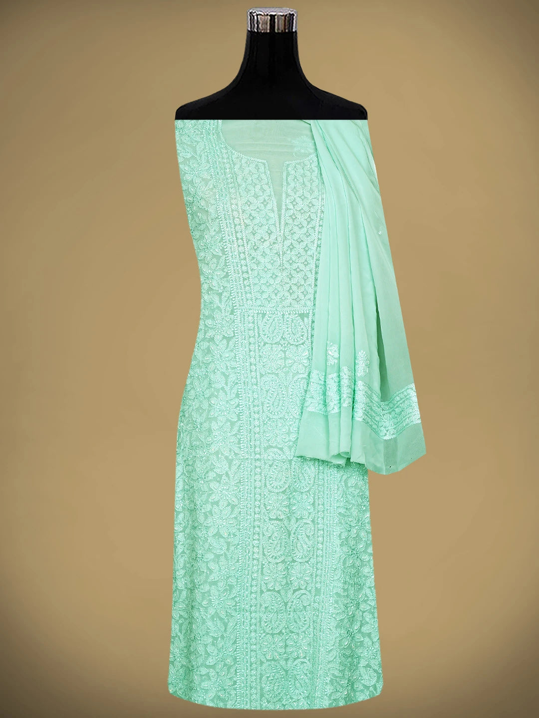 Ada Hand Embroidered Celadon Green Viscose Georgette Lucknowi Chikankari Unstitched Kurta Dupatta Set With Cutdana Work 01A933573