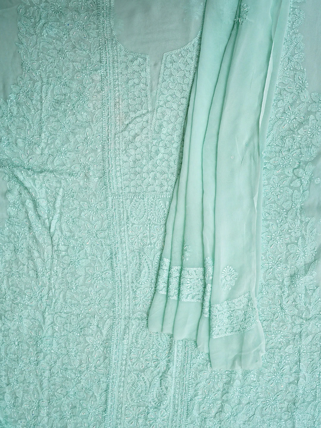 Ada Hand Embroidered Celadon Green Viscose Georgette Lucknowi Chikankari Unstitched Kurta Dupatta Set With Cutdana Work 01A933573