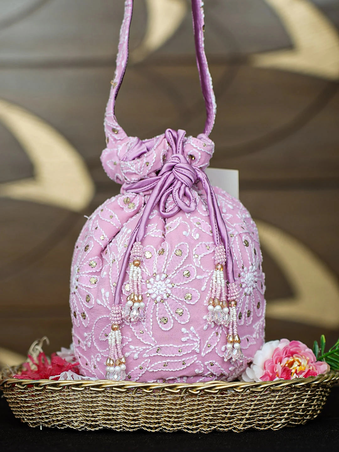 Ada Hand Embroidered Lavender Viscose Georgette Lucknowi Chikankari Potli Bag With Muqaish Work 01A963468