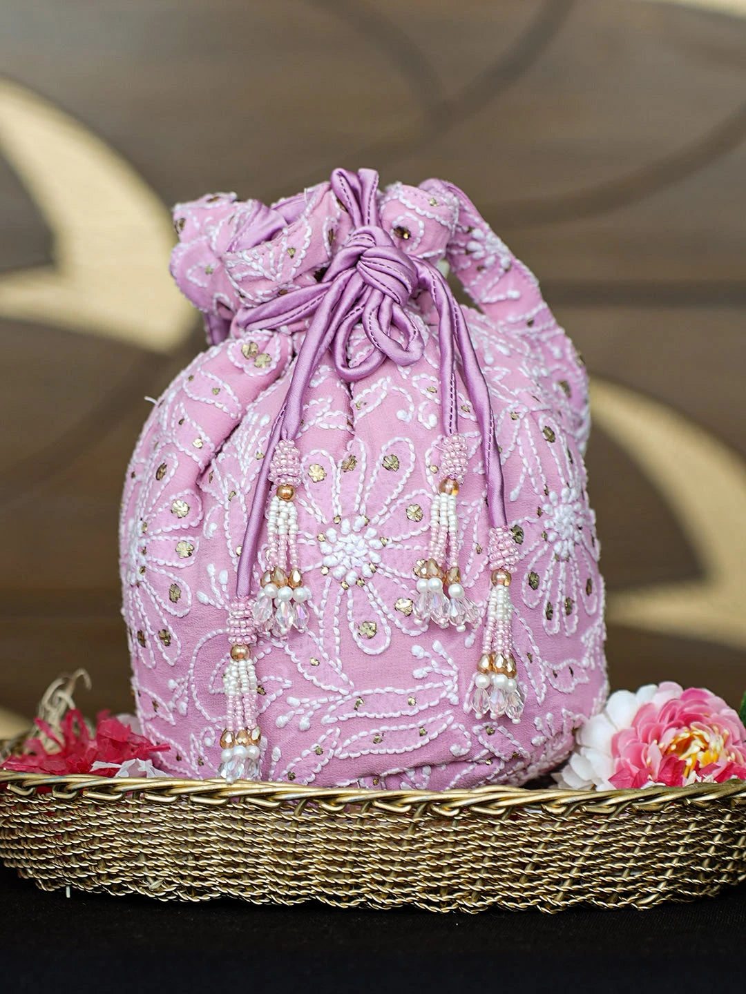 Ada Hand Embroidered Lavender Viscose Georgette Lucknowi Chikankari Potli Bag With Muqaish Work 01A963468