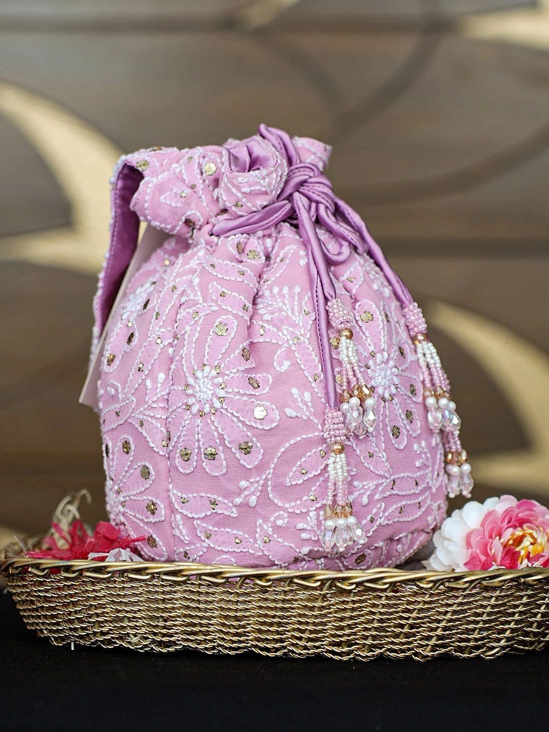 Ada Hand Embroidered Lavender Viscose Georgette Lucknowi Chikankari Potli Bag With Muqaish Work 01A963468