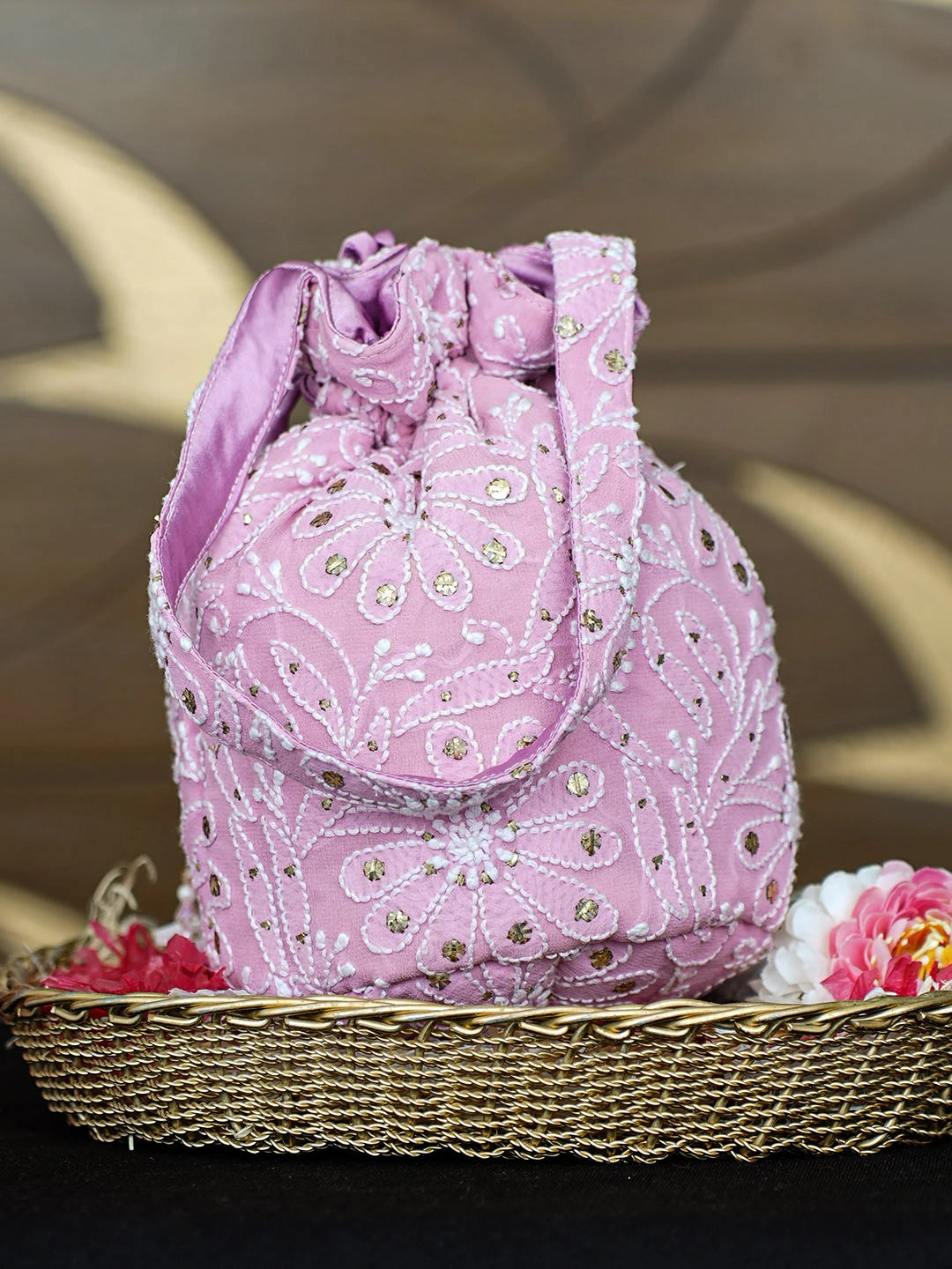 Ada Hand Embroidered Lavender Viscose Georgette Lucknowi Chikankari Potli Bag With Muqaish Work 01A963468