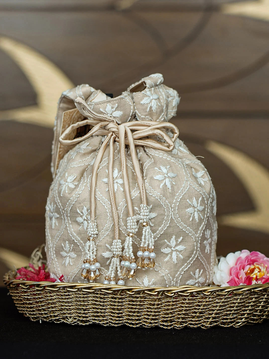 Ada Hand Embroidered Fawn Tissue Lucknowi Chikankari Potli Bag 01A963459