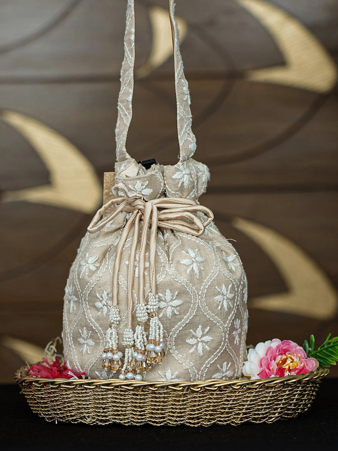 Ada Hand Embroidered Fawn Tissue Lucknowi Chikankari Potli Bag 01A963459