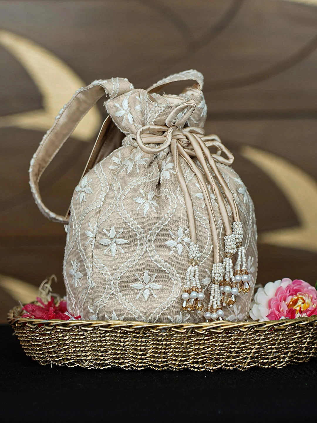 Ada Hand Embroidered Fawn Tissue Lucknowi Chikankari Potli Bag 01A963459