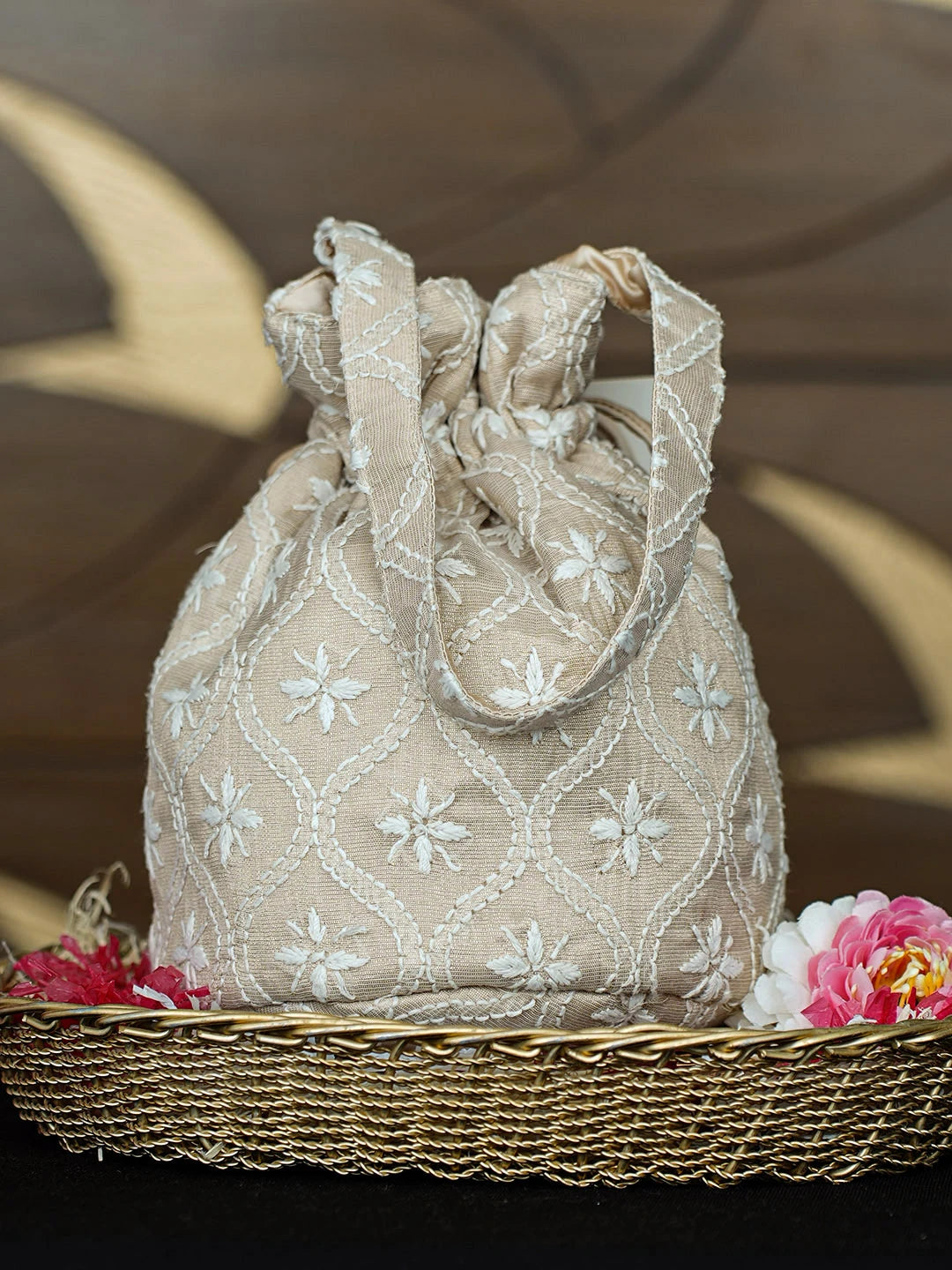 Ada Hand Embroidered Fawn Tissue Lucknowi Chikankari Potli Bag 01A963459