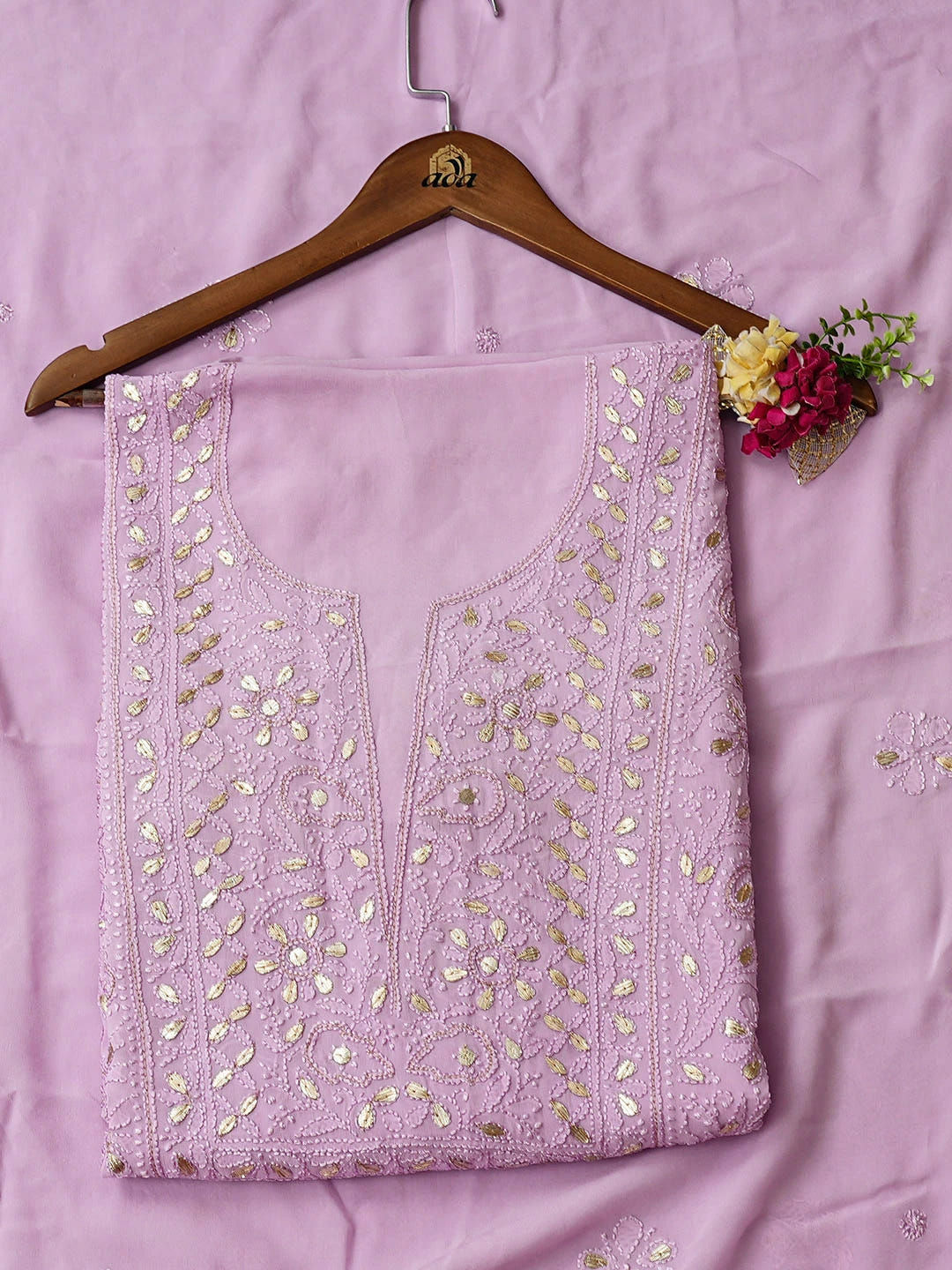 Ada Hand Embroidered Lavender Viscose Georgette Lucknowi Chikankari Unstitched Kurta Dupatta Set With Gota Patti Work 01A962469
