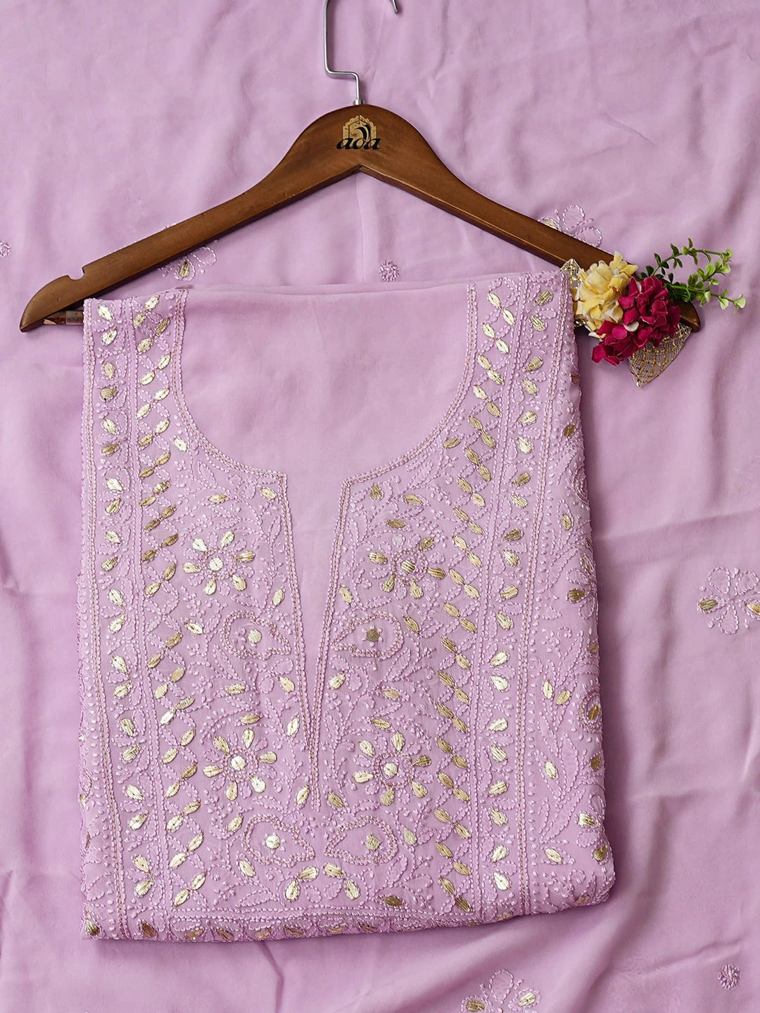 Ada Hand Embroidered Lavender Viscose Georgette Lucknowi Chikankari Unstitched Kurta Dupatta Set With Gota Patti Work 01A962469