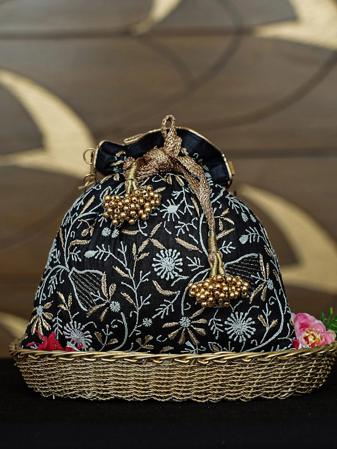 Ada Hand Embroidered Black Silk Lucknowi Chikankari Potli Bag With Zari Work 01A953233