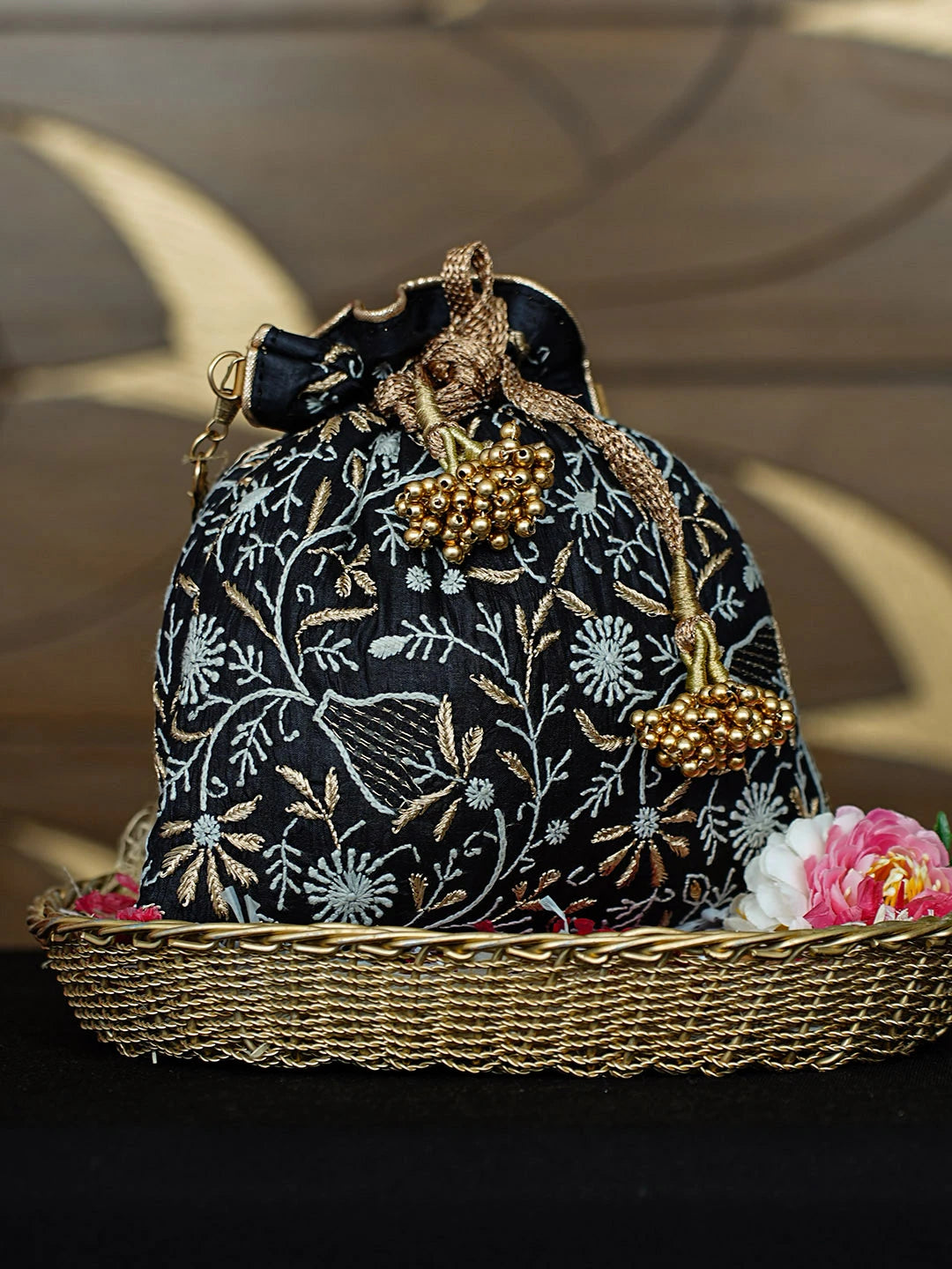Ada Hand Embroidered Black Silk Lucknowi Chikankari Potli Bag With Zari Work 01A953233