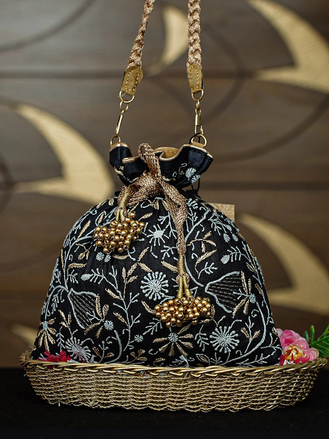 Ada Hand Embroidered Black Silk Lucknowi Chikankari Potli Bag With Zari Work 01A953233