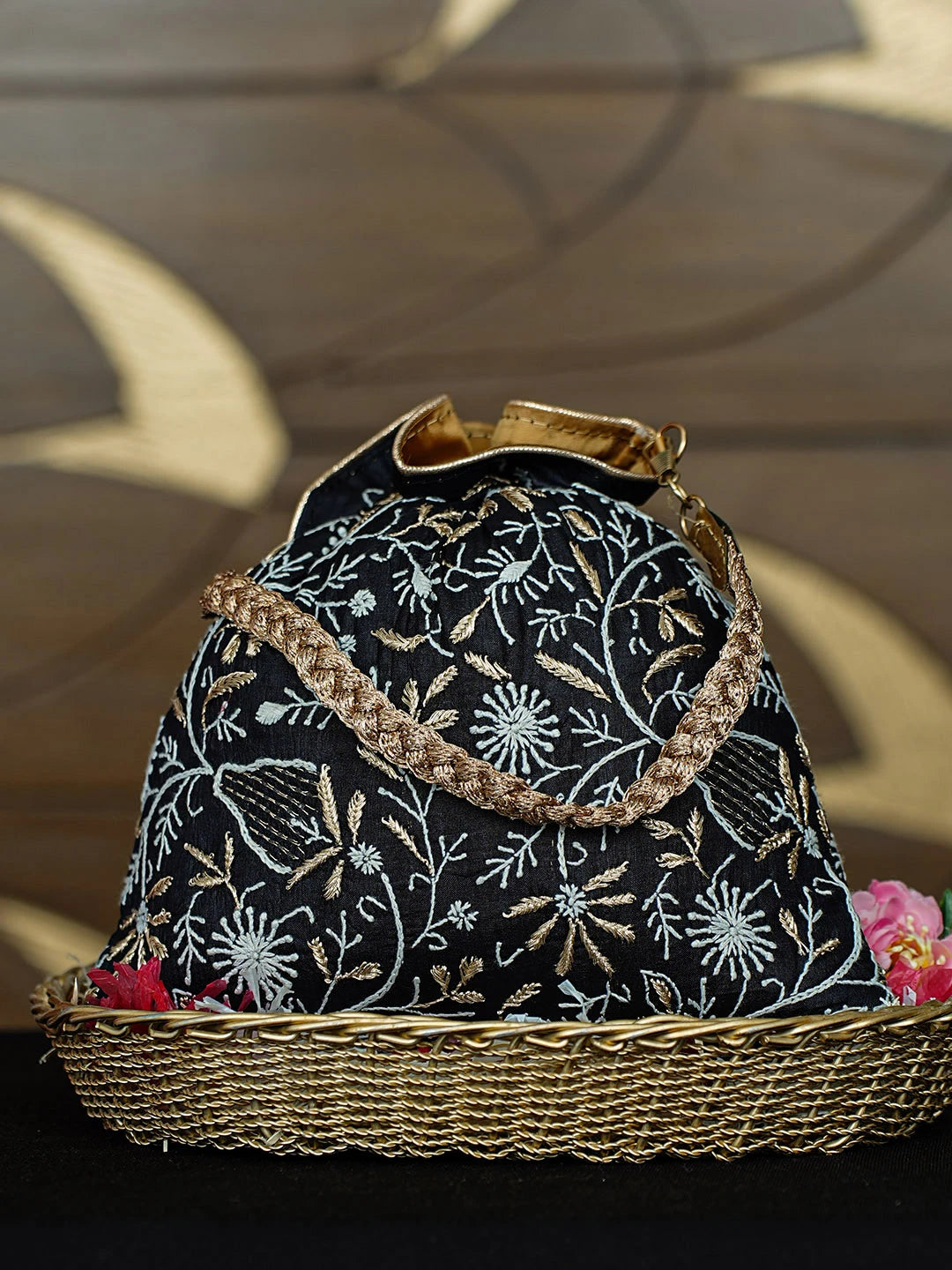 Ada Hand Embroidered Black Silk Lucknowi Chikankari Potli Bag With Zari Work 01A953233