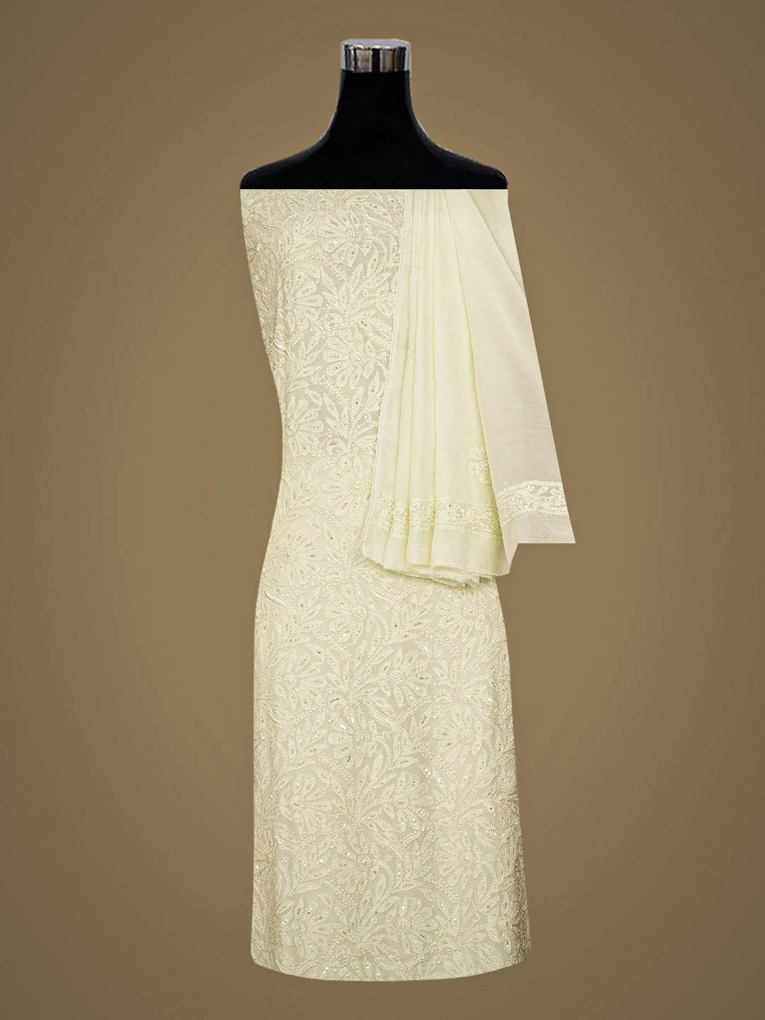 Ada Hand Embroidered Lime Mist Muslin Lucknowi Chikankari Unstitched Kurta Dupatta Set With Sequinned Work 01A798311