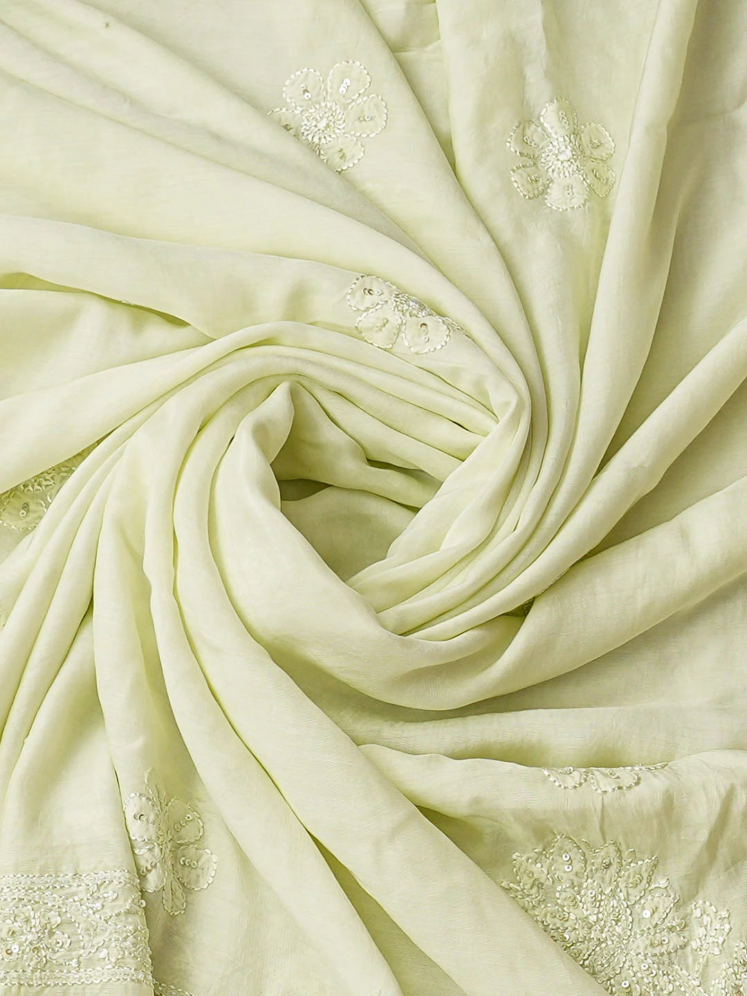Ada Hand Embroidered Lime Mist Muslin Lucknowi Chikankari Unstitched Kurta Dupatta Set With Sequinned Work 01A798311