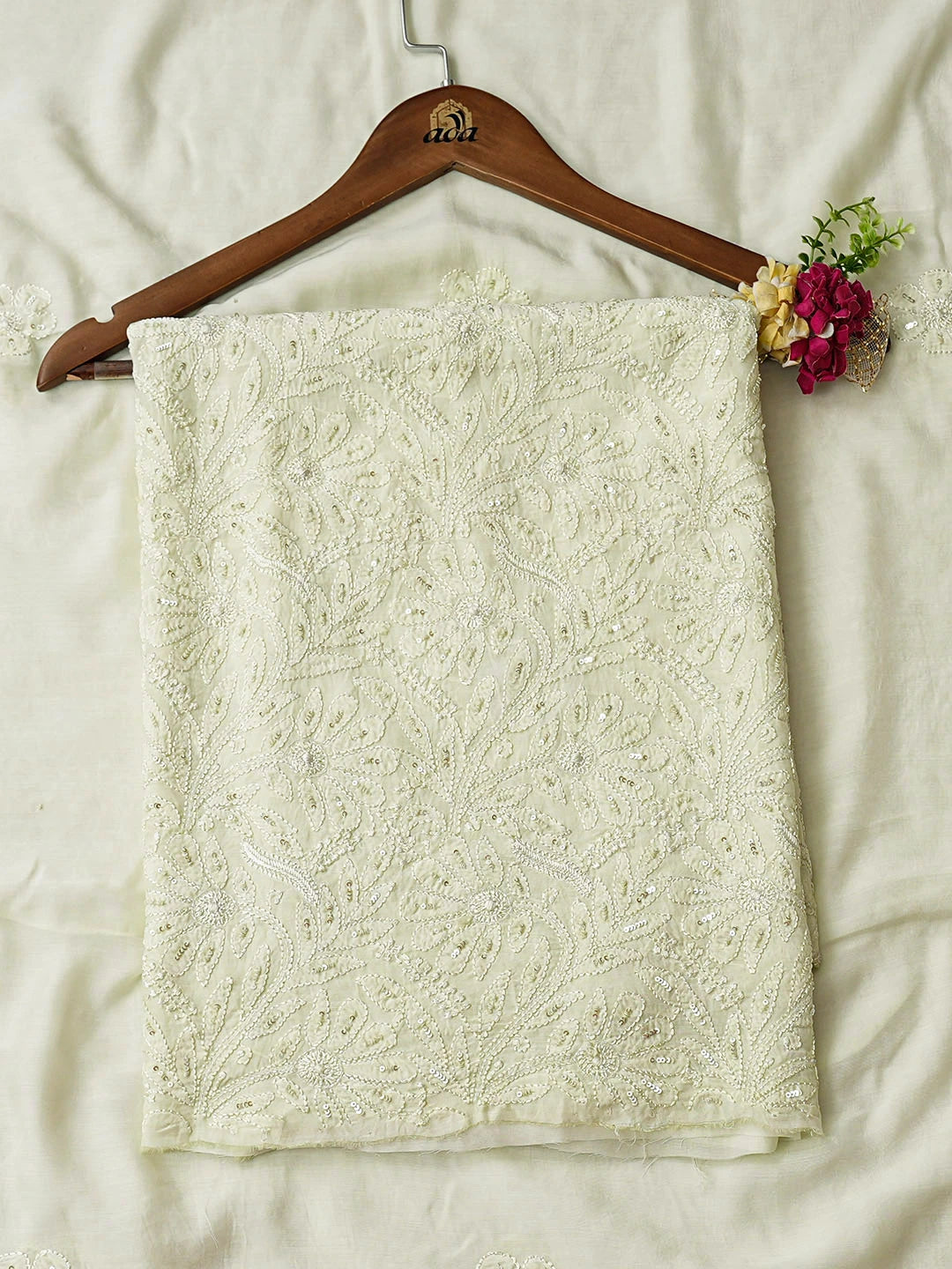 Ada Hand Embroidered Lime Mist Muslin Lucknowi Chikankari Unstitched Kurta Dupatta Set With Sequinned Work 01A798311