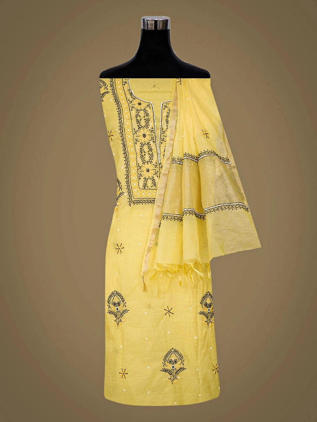 Ada Hand Embroidered Lemon Chanderi Lucknowi Chikankari Unstitched Kurta Dupatta Set With Cutdana Work 01A957269