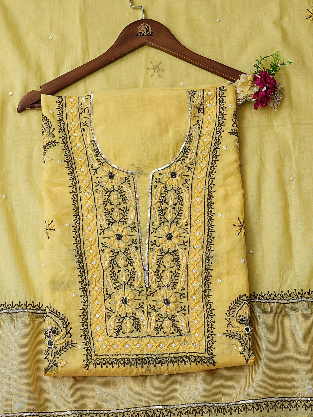 Ada Hand Embroidered Lemon Chanderi Lucknowi Chikankari Unstitched Kurta Dupatta Set With Cutdana Work 01A957269