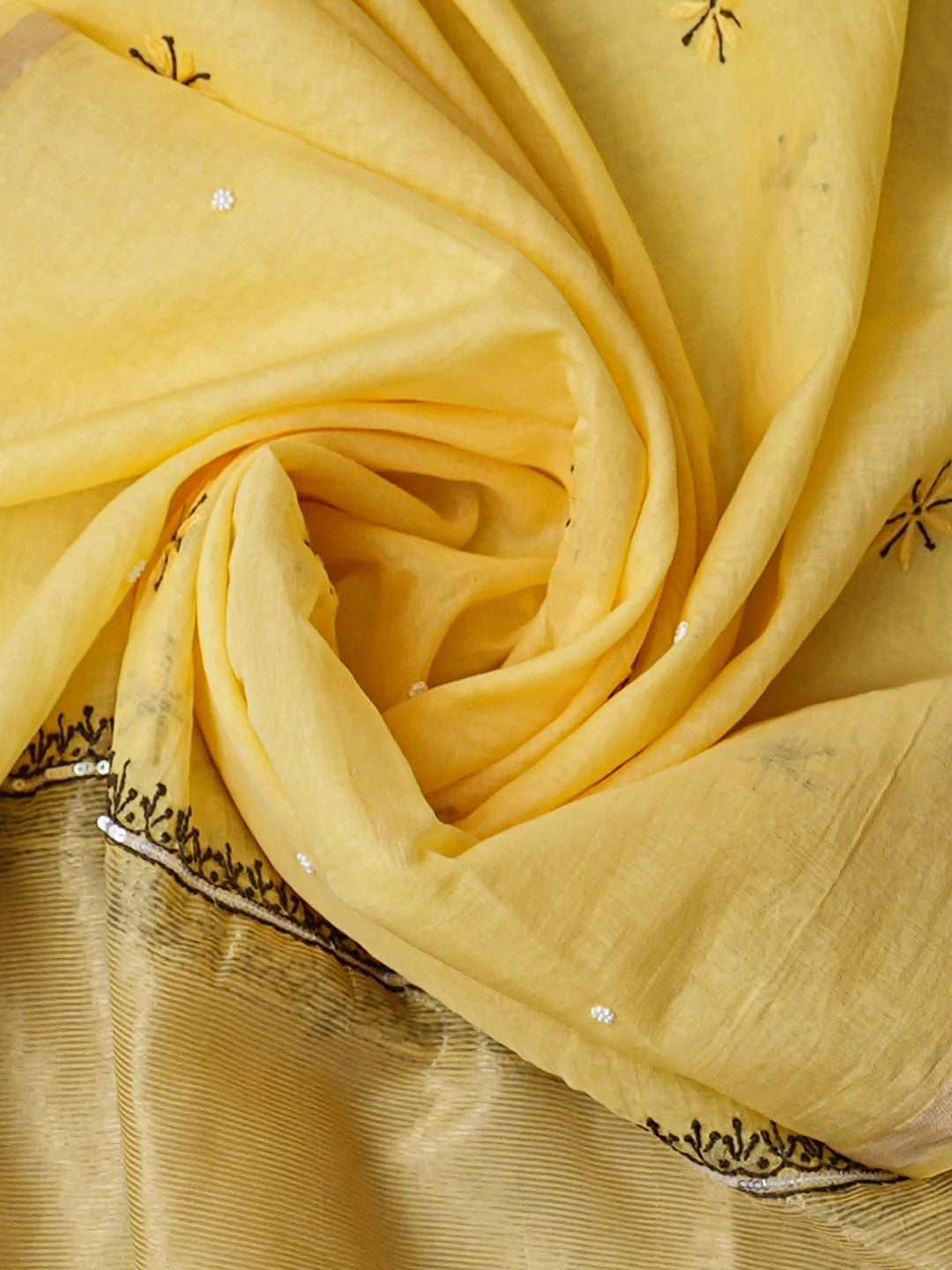 Ada Hand Embroidered Lemon Chanderi Lucknowi Chikankari Unstitched Kurta Dupatta Set With Cutdana Work 01A957269