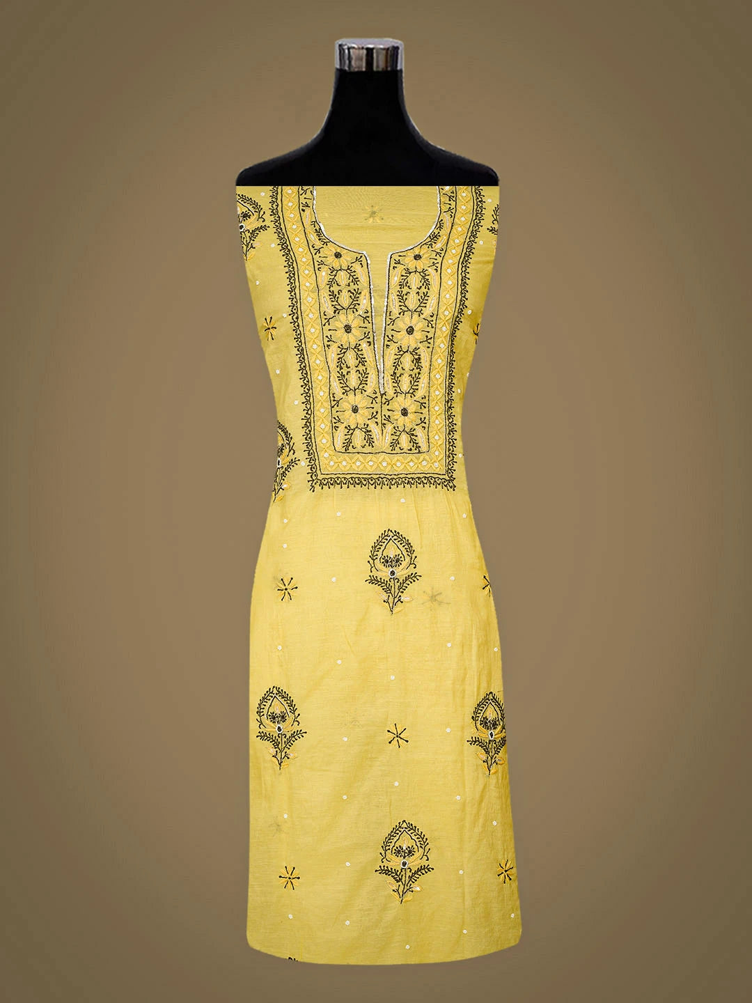 Ada Hand Embroidered Lemon Chanderi Lucknowi Chikankari Unstitched Kurta Dupatta Set With Cutdana Work 01A957269