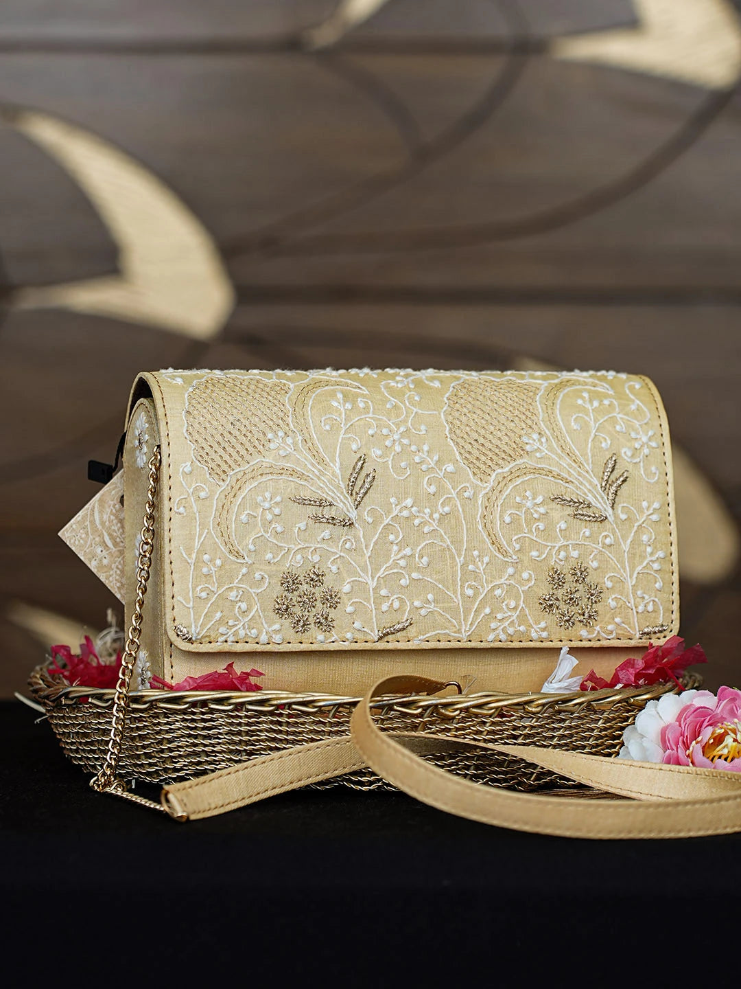 Ada Hand Embroidered Jasmine Yellow Silk Lucknowi Chikankari Clutch With Zari Work 01A921538