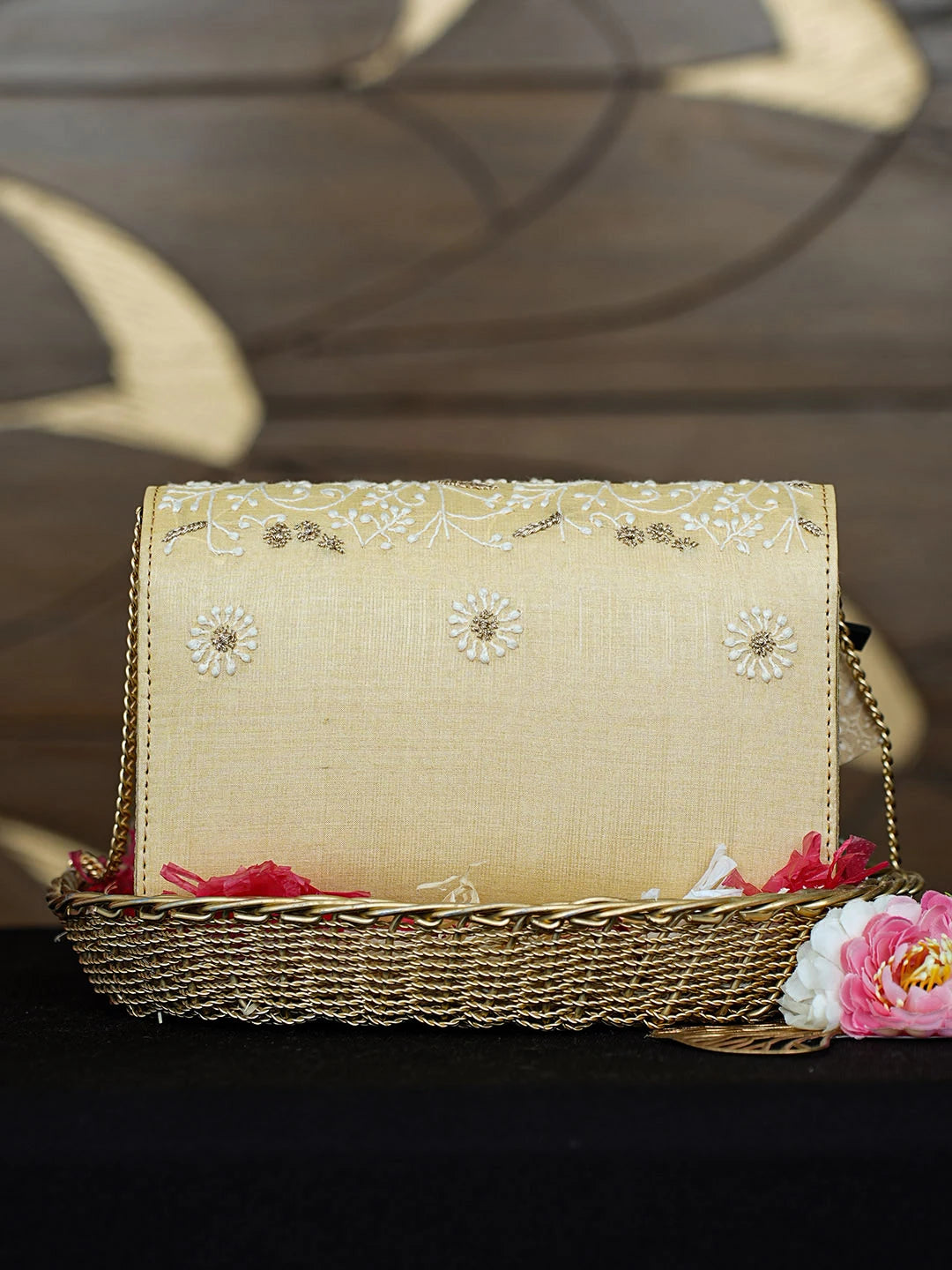Ada Hand Embroidered Jasmine Yellow Silk Lucknowi Chikankari Clutch With Zari Work 01A921538