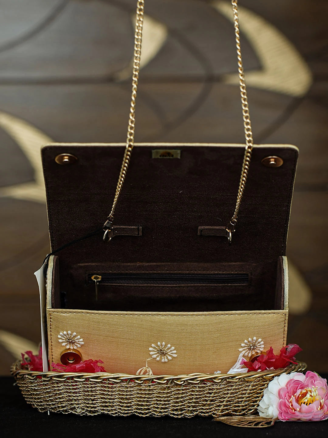Ada Hand Embroidered Jasmine Yellow Silk Lucknowi Chikankari Clutch With Zari Work 01A921538