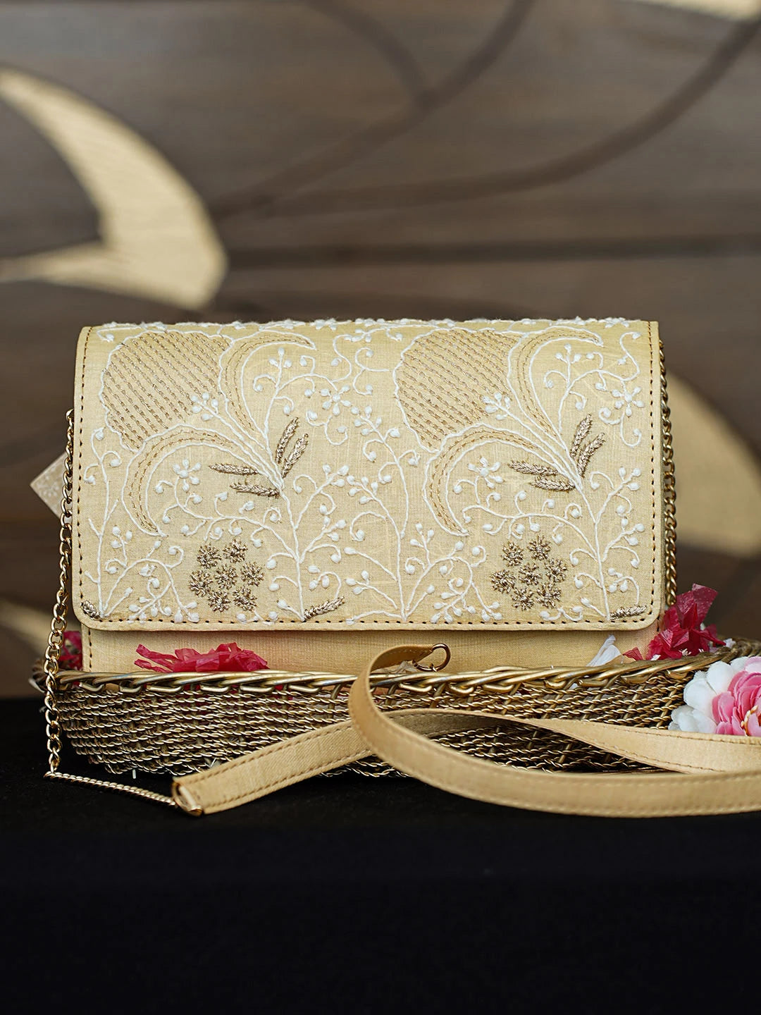 Ada Hand Embroidered Jasmine Yellow Silk Lucknowi Chikankari Clutch With Zari Work 01A921538