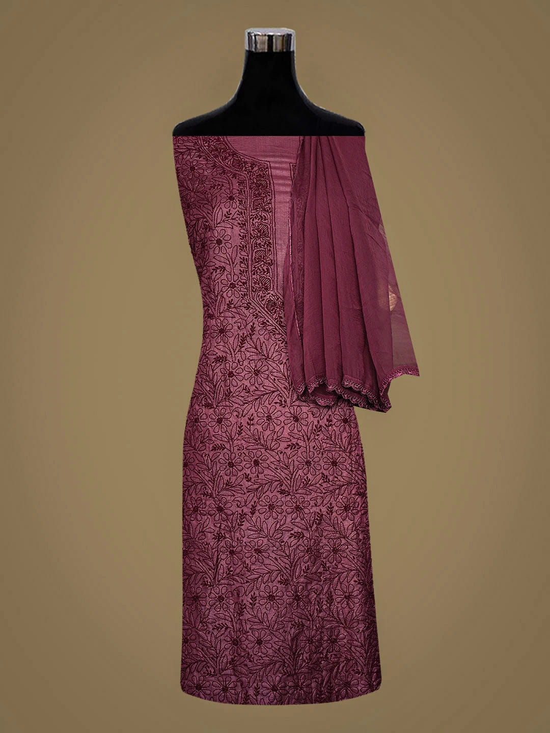 Ada Hand Embroidered Onion Pink Silk Lucknowi Chikankari Unstitched Suit Piece 01A965529