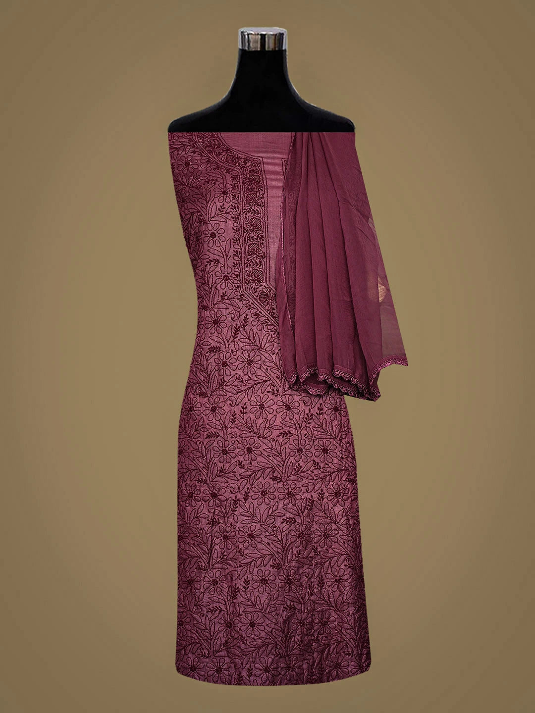 Ada Hand Embroidered Onion Pink Silk Lucknowi Chikankari Unstitched Suit Piece 01A965529