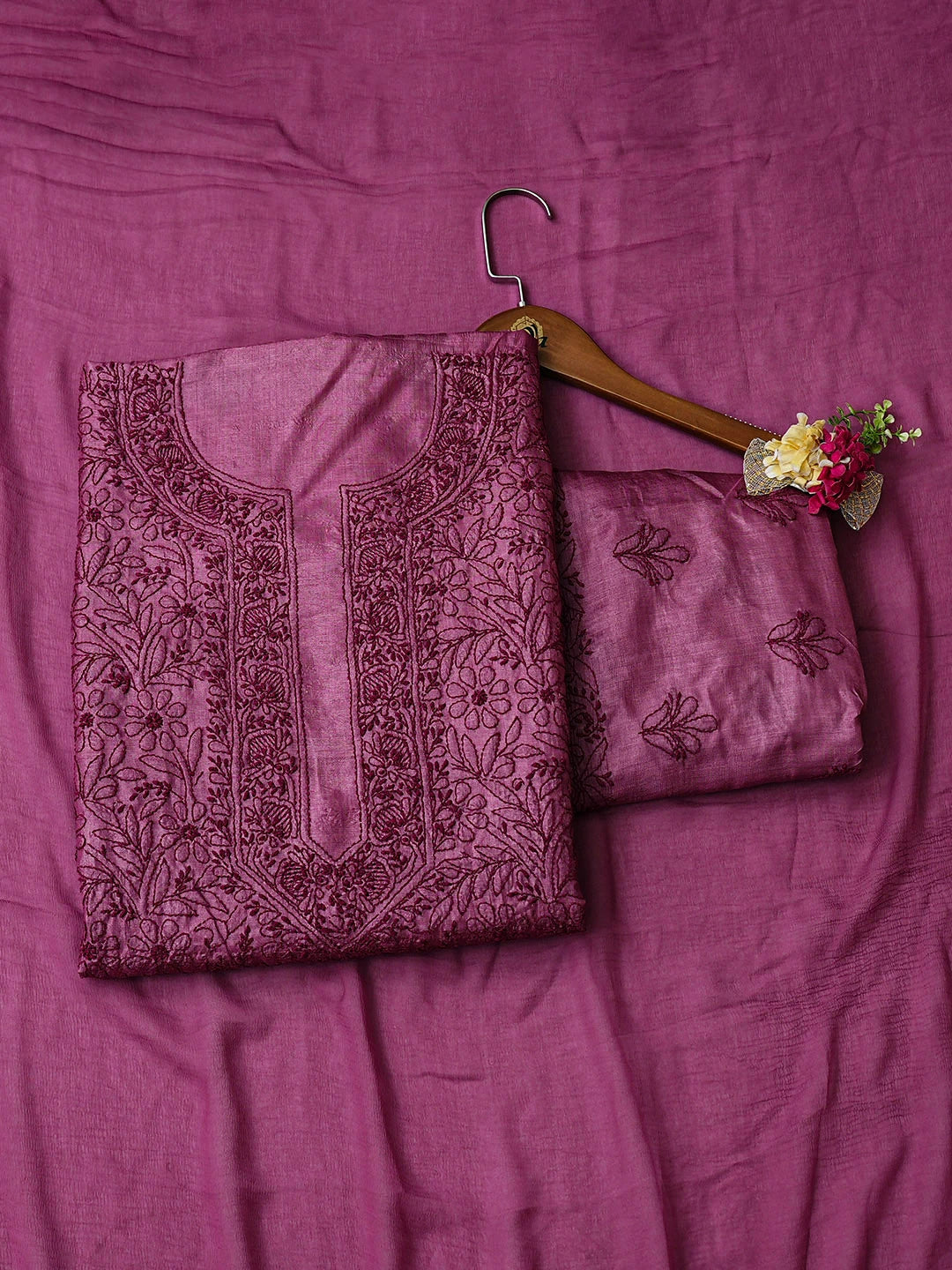 Ada Hand Embroidered Onion Pink Silk Lucknowi Chikankari Unstitched Suit Piece 01A965529