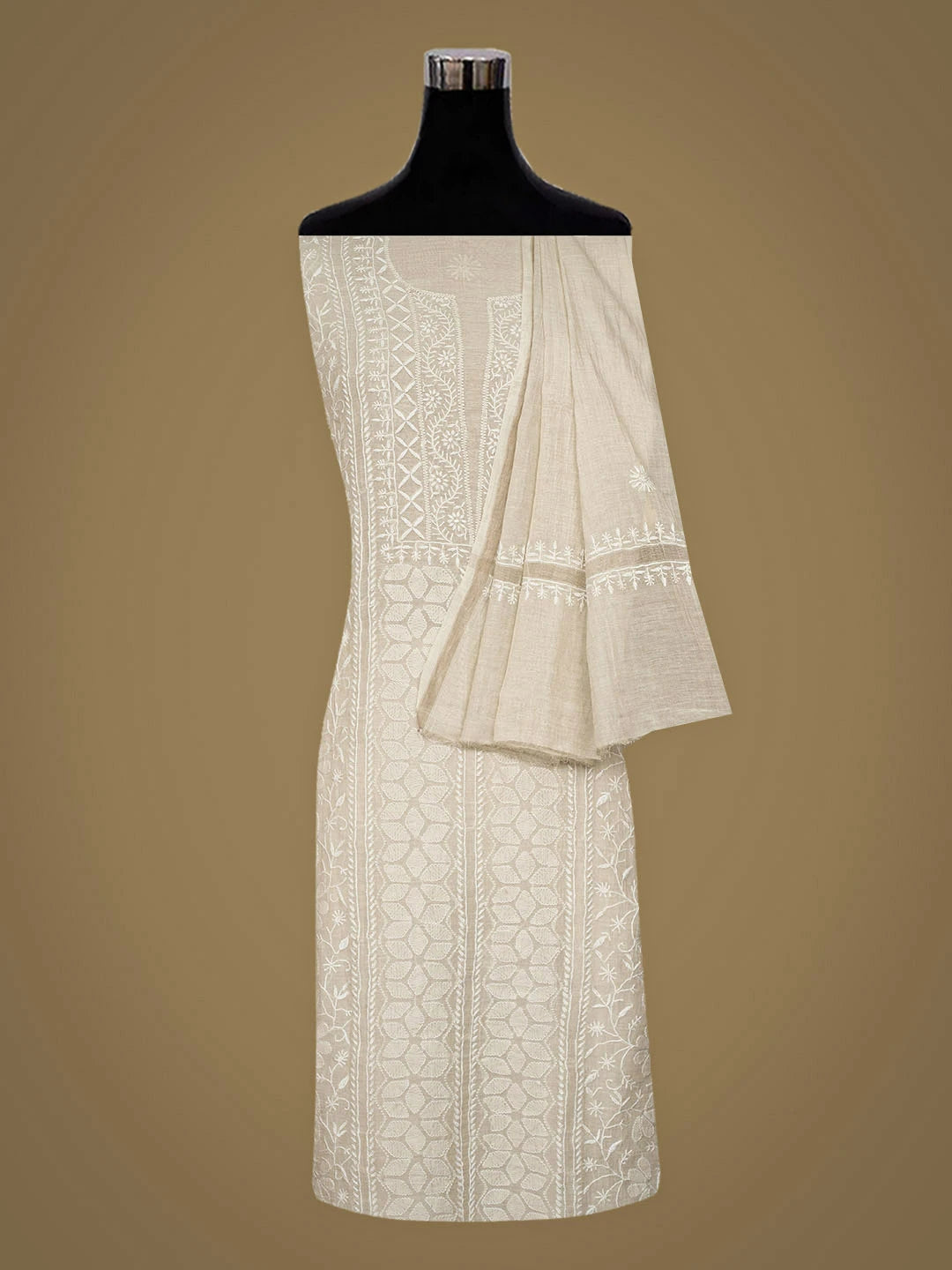 Ada Hand Embroidered  Ivory Grey Tissue Lucknowi Chikankari Unstitched Kurta Dupatta Set 01A903779