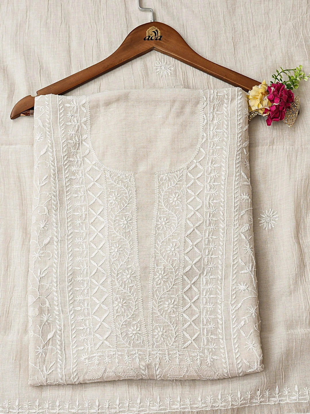 Ada Hand Embroidered  Ivory Grey Tissue Lucknowi Chikankari Unstitched Kurta Dupatta Set 01A903779