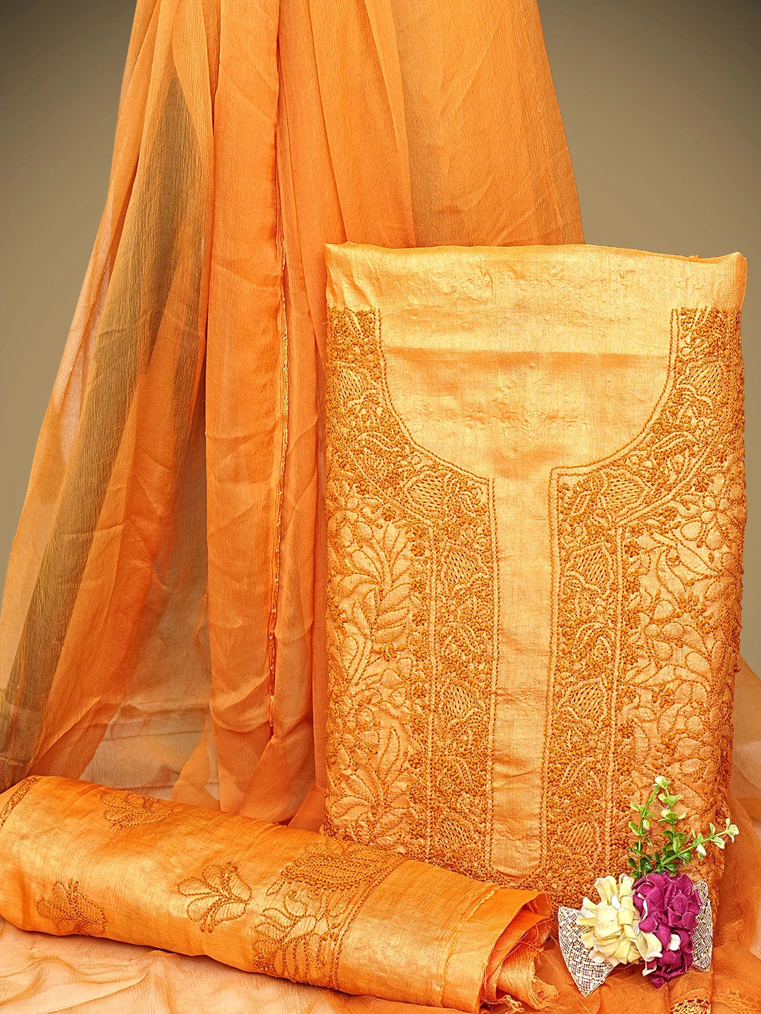 Ada Hand Embroidered Orange Silk Lucknowi Chikankari Unstitched Suit Piece 01A965588