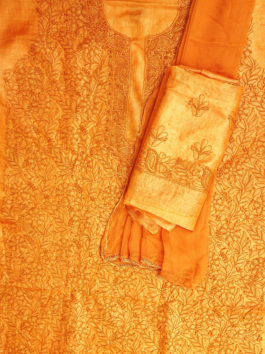 Ada Hand Embroidered Orange Silk Lucknowi Chikankari Unstitched Suit Piece 01A965588