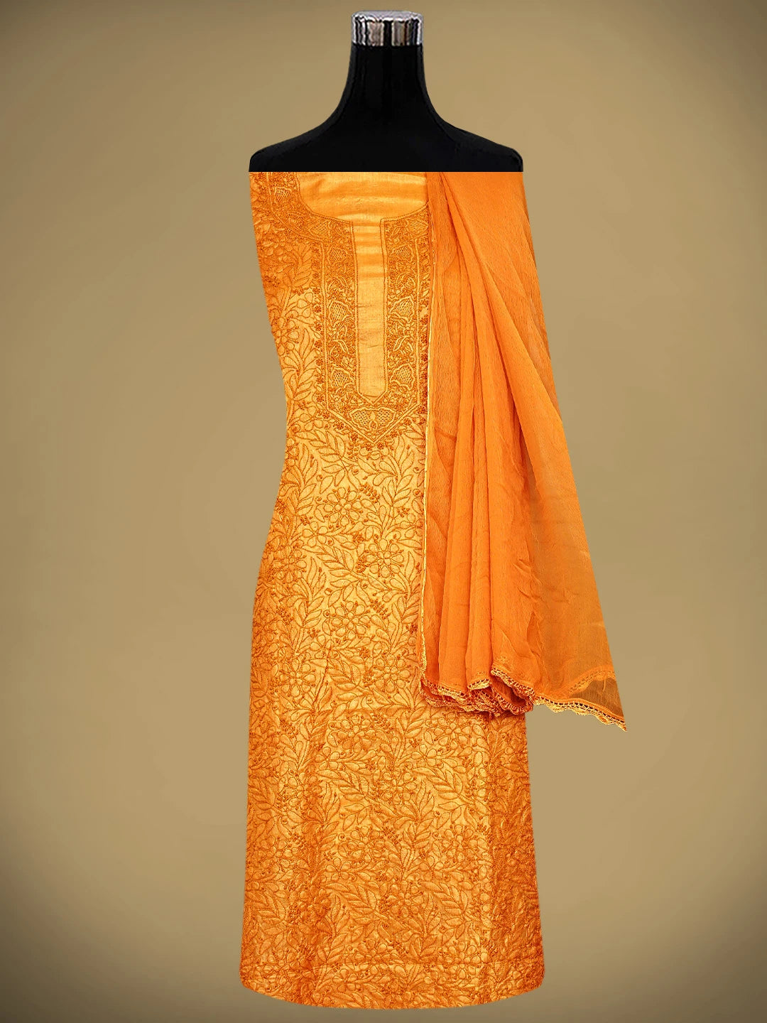 Ada Hand Embroidered Orange Silk Lucknowi Chikankari Unstitched Suit Piece 01A965588