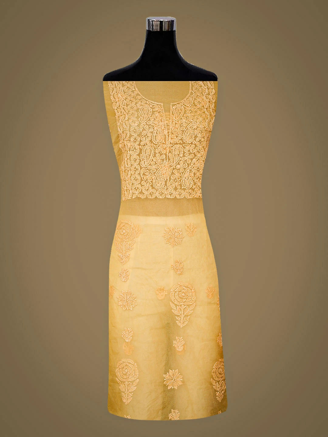 Ada Hand Embroidered Yellown Organza Lucknowi Chikankari Unstitched Kurta Dupatta Set 01A955590