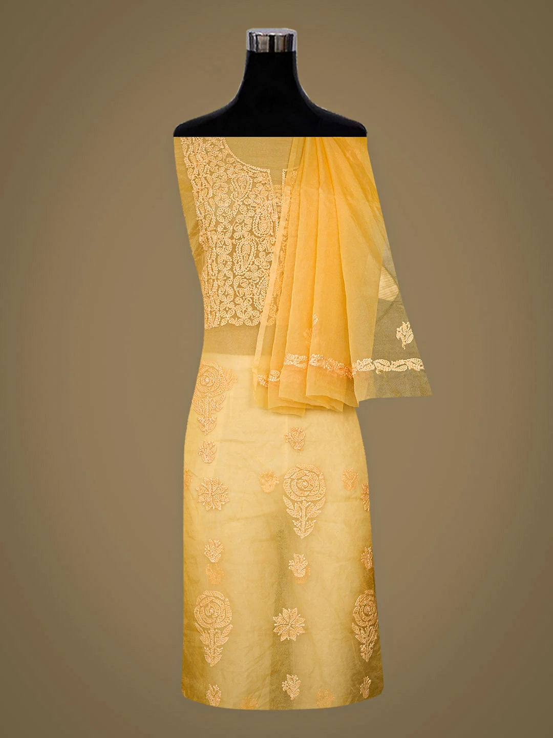 Ada Hand Embroidered Yellown Organza Lucknowi Chikankari Unstitched Kurta Dupatta Set 01A955590