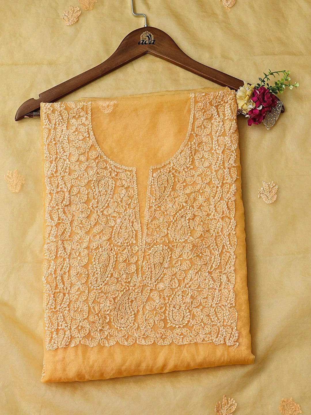 Ada Hand Embroidered Yellown Organza Lucknowi Chikankari Unstitched Kurta Dupatta Set 01A955590