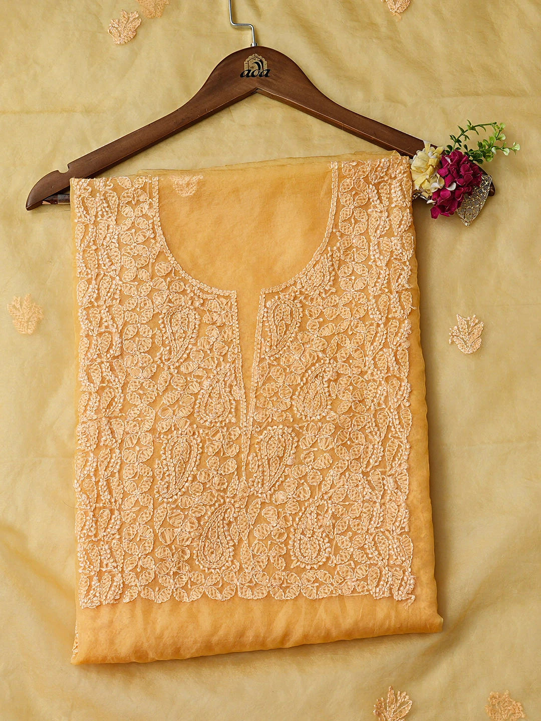 Ada Hand Embroidered Yellown Organza Lucknowi Chikankari Unstitched Kurta Dupatta Set 01A955590