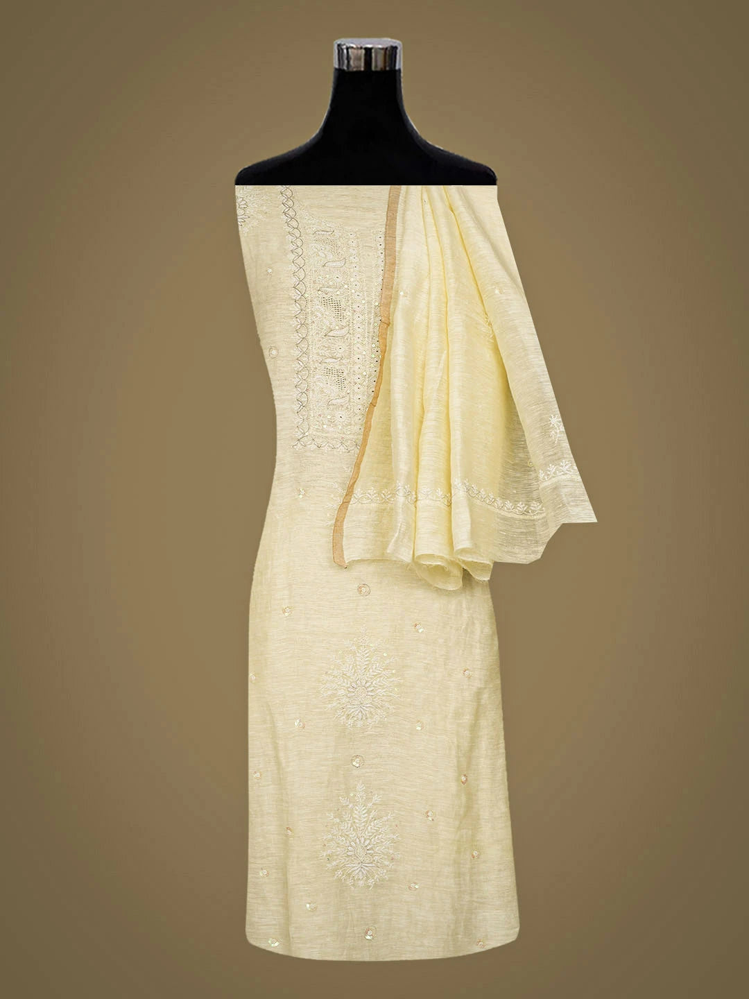 Ada Hand Embroidered Lemon Chanderi Lucknowi Chikankari Unstitched Kurta Dupatta Set With Cutdana Work 01A440344