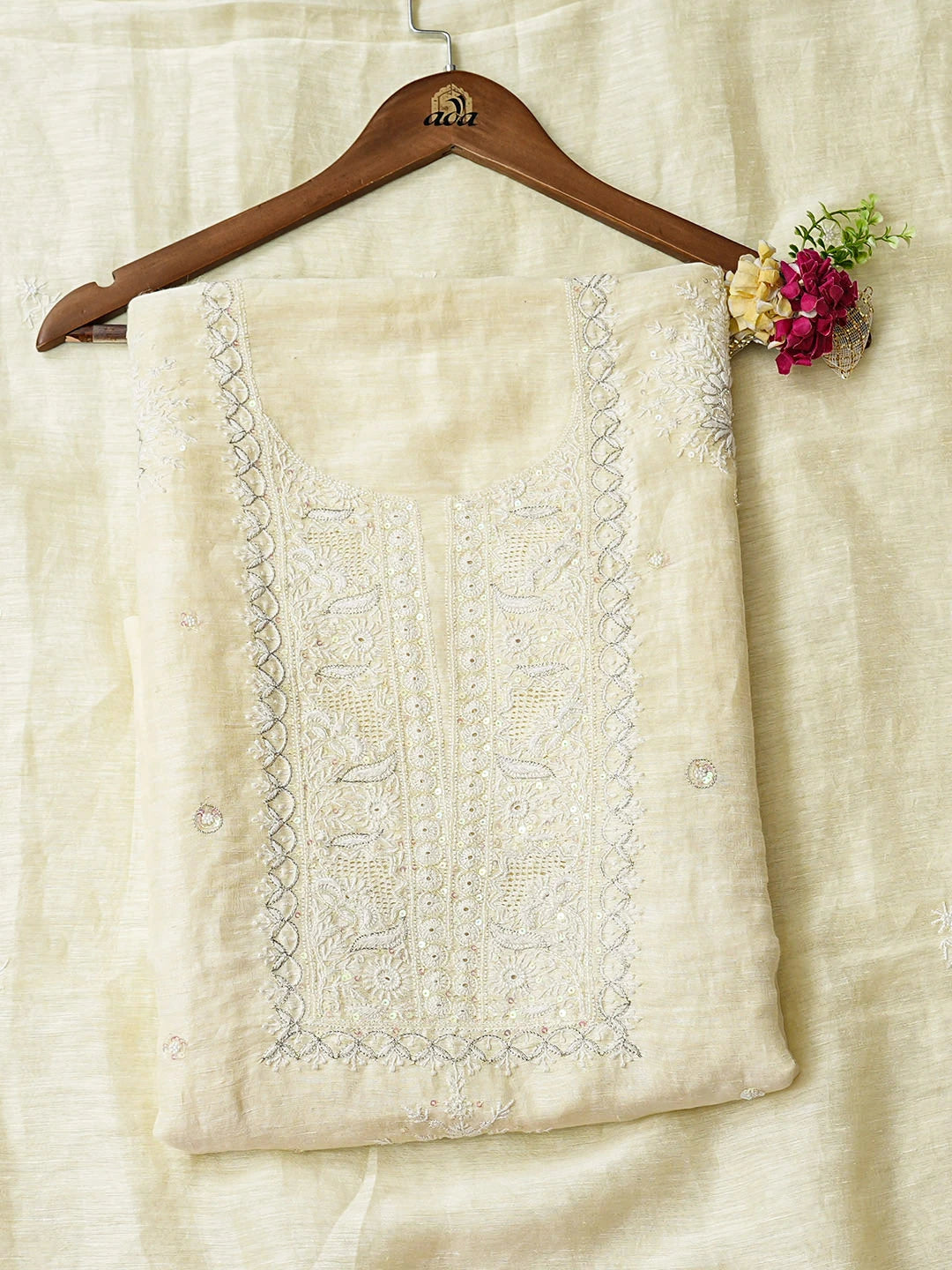 Ada Hand Embroidered Lemon Chanderi Lucknowi Chikankari Unstitched Kurta Dupatta Set With Cutdana Work 01A440344