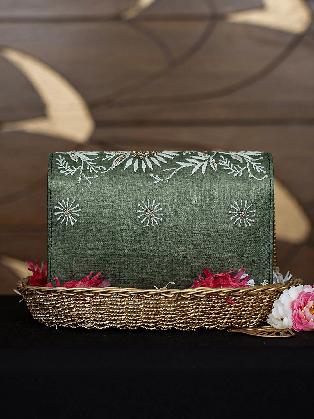 Ada Hand Embroidered Dark Olive Green Silk Lucknowi Chikankari Clutch With Zari Work 01A967660